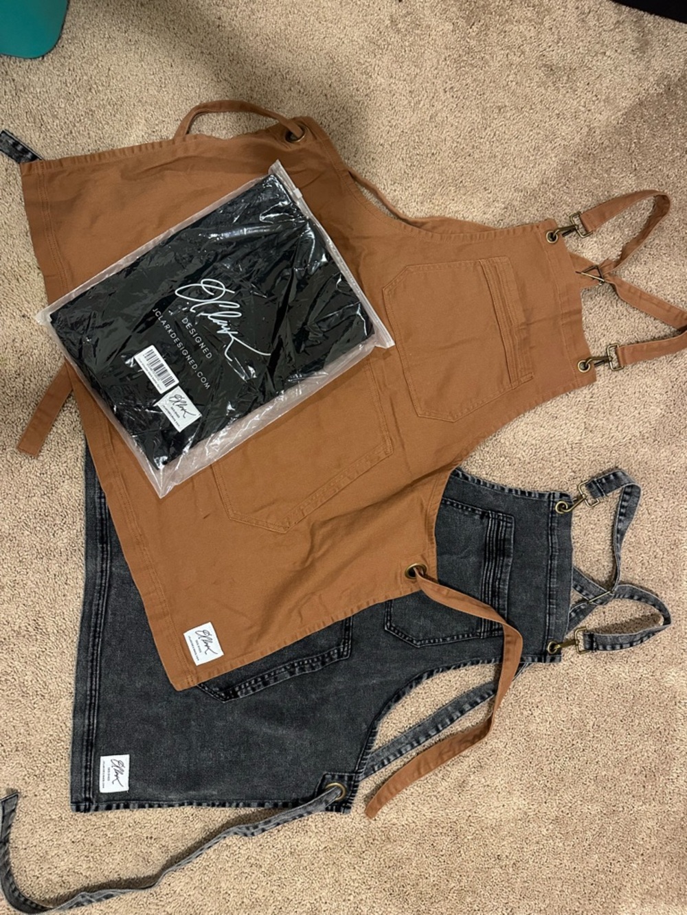 J.Clark Designed - lot of 3 hairstylist aprons in Rust, black and Washed Black